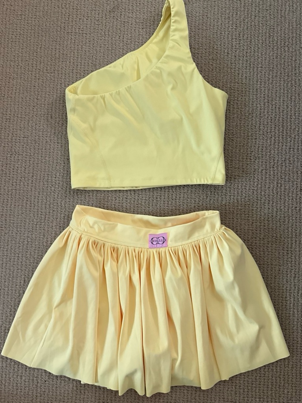 Yellow One-Shoulder Crop Top and Pleated Skirt Set